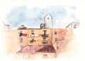 WatercolorÃÂ Sketch of houses. Hand painted illustration. Traveling and vacation painting.